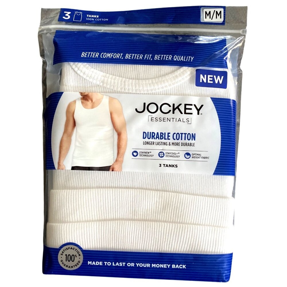 Jockey Essentials Durable Cotton Tank Tops 3-Pack M/M Ribbed Knit Tag-Free White